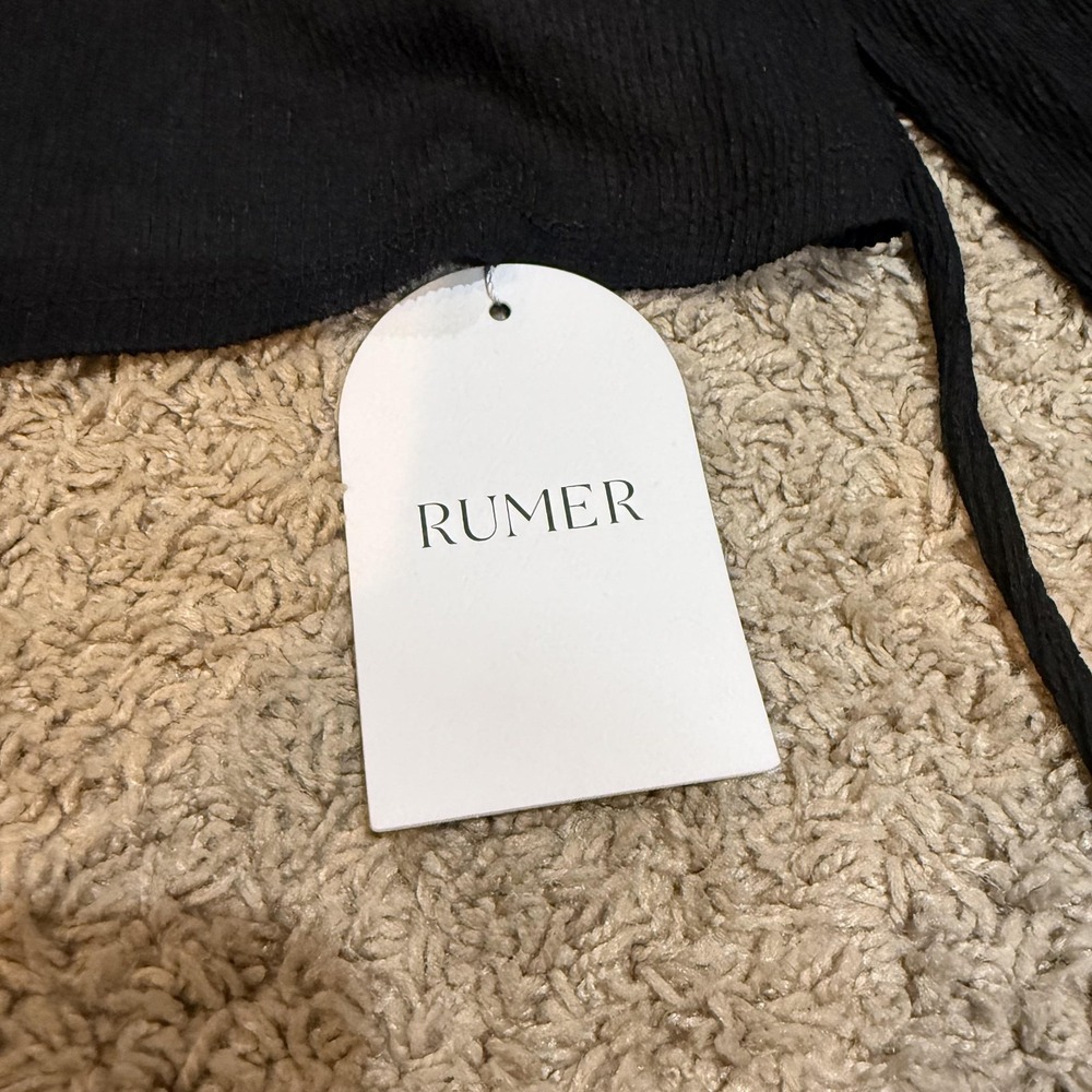 RUMER Blouse Womens L Black Tucker Crop Long Bell Sleeve Scoop Neck Textured Top - Picture 2 of 7
